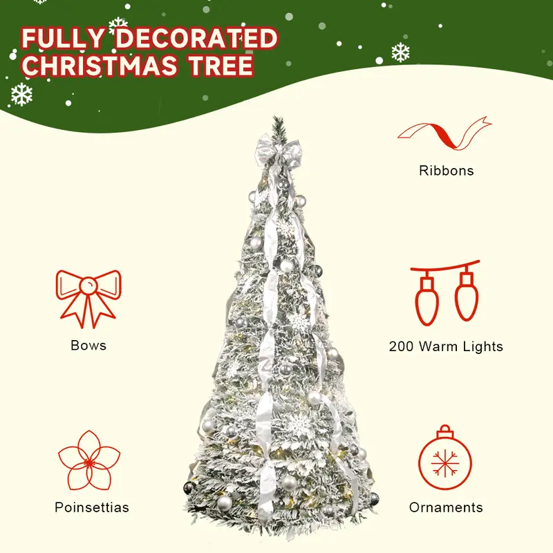 6/7ft Pre-Lighted Pre-Decorated Flocked Christmas Tree Flocked Pop-Up Christmas Tree, Comes with White Christmas Ball Decorations White Bow Ribbon pre-lit artificial white christmas xmas christmas put ribbonTacky christmas tree christmas decorations - Image 2
