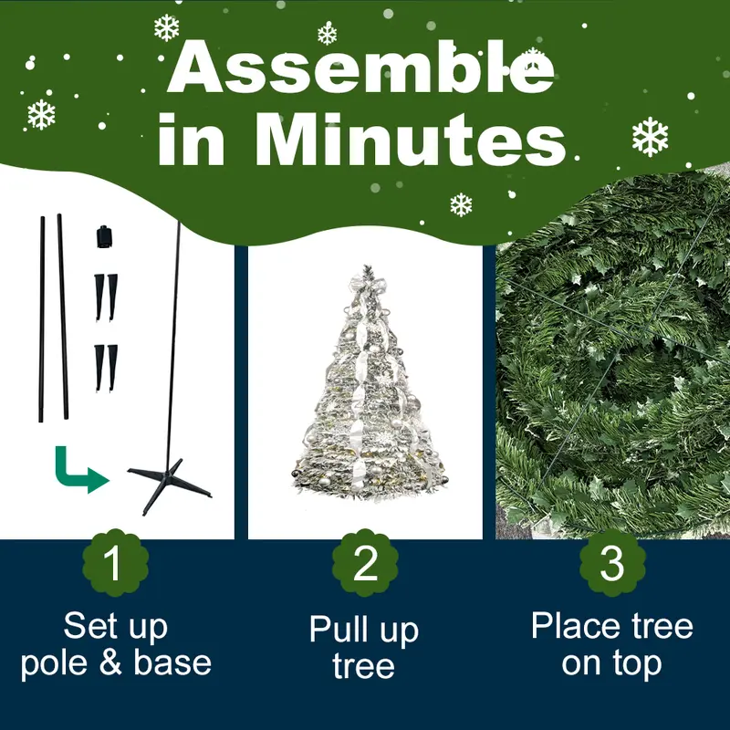 6/7ft Pre-Lighted Pre-Decorated Flocked Christmas Tree Flocked Pop-Up Christmas Tree, Comes with White Christmas Ball Decorations White Bow Ribbon pre-lit artificial white christmas xmas christmas put ribbonTacky christmas tree christmas decorations - Image 3