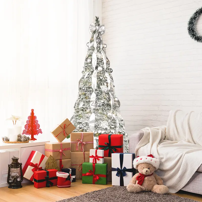 6/7ft Pre-Lighted Pre-Decorated Flocked Christmas Tree Flocked Pop-Up Christmas Tree, Comes with White Christmas Ball Decorations White Bow Ribbon pre-lit artificial white christmas xmas christmas put ribbonTacky christmas tree christmas decorations - Image 5