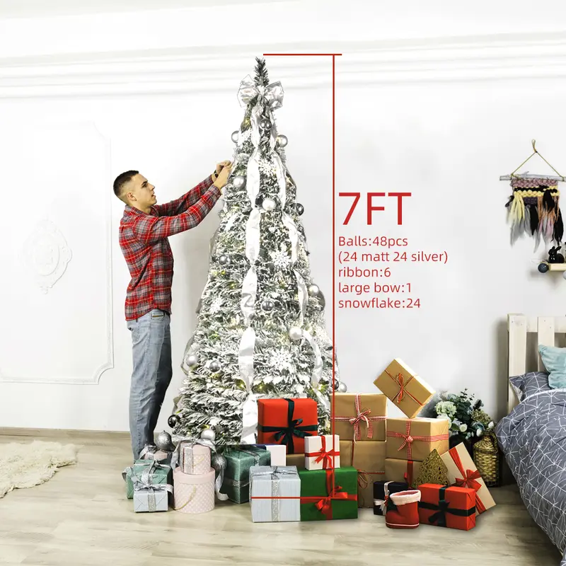 6/7ft Pre-Lighted Pre-Decorated Flocked Christmas Tree Flocked Pop-Up Christmas Tree, Comes with White Christmas Ball Decorations White Bow Ribbon pre-lit artificial white christmas xmas christmas put ribbonTacky christmas tree christmas decorations - Image 6